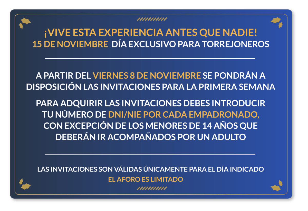 Aviso que aparece en la web oficial de las Mágicas Navidades indicando que se podrán adquirir las invitaciones para la Navidad de Torrejón para empadronados a partir del 8 de noviembre. Será necesario introducir el DNI de cada empadronadl.