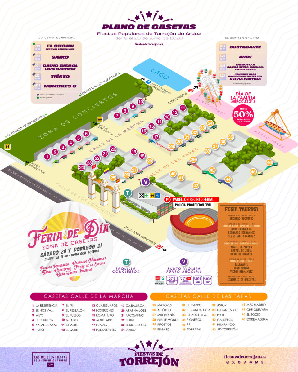 Plano del Recinto de Casetas 2026 de las Fiestas Populares de Torrejón de Ardoz.